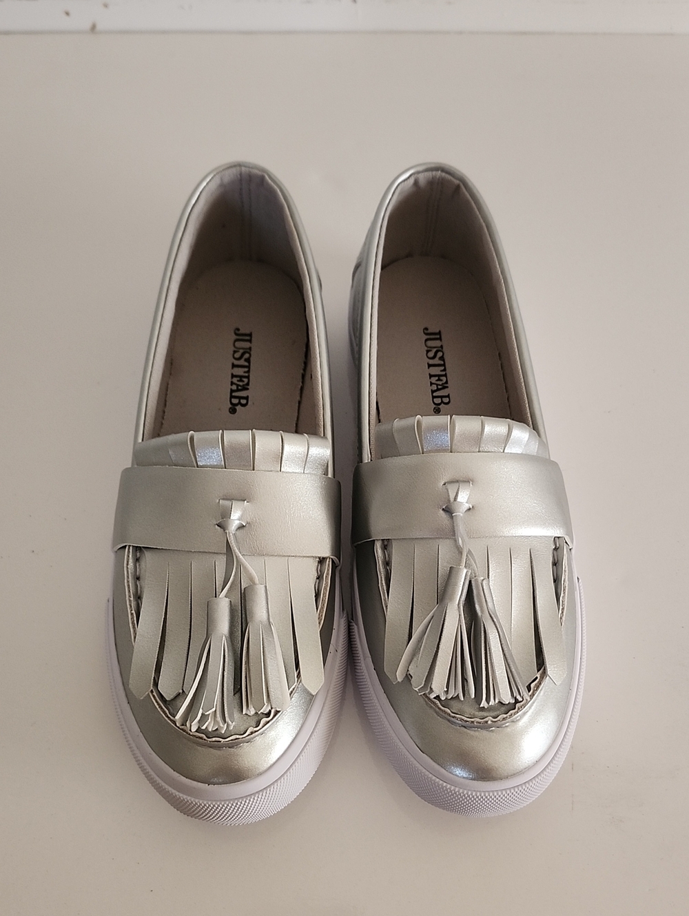 JustFab Silver Metallic Tassel Fringe Slip-Ons